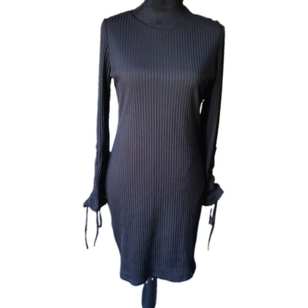 Vince Camuto Women's S Black Ribbed Bodycon Midi Dress With Ties On Sleeves